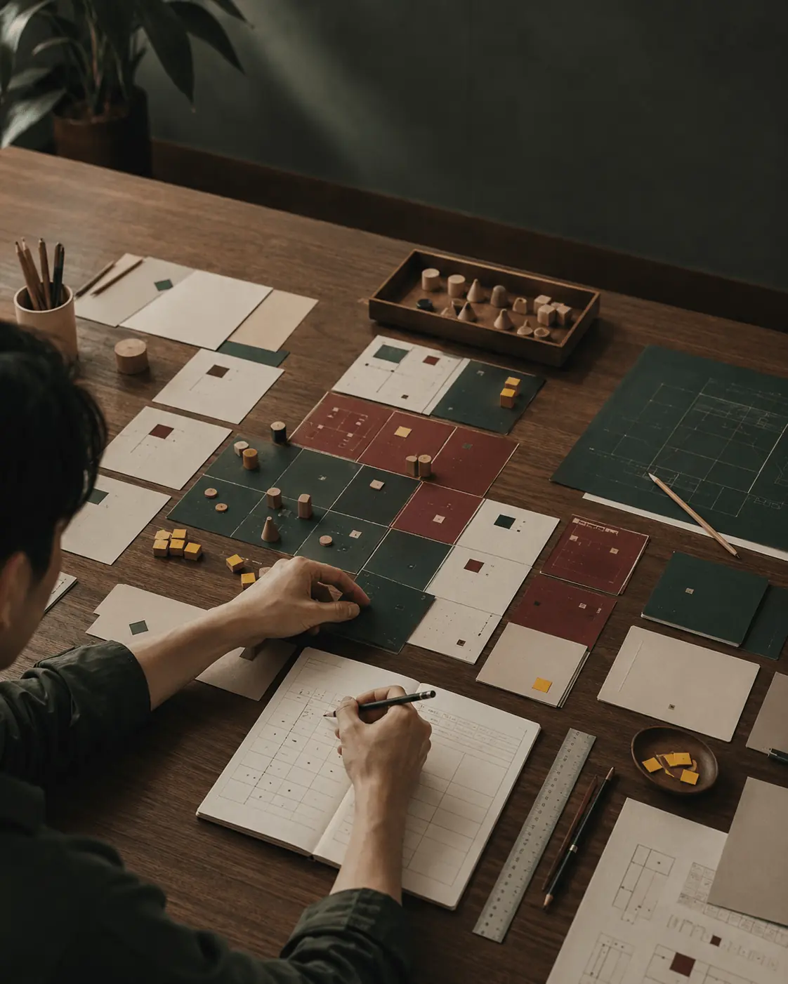 玩家雙手整理桌遊卡牌與彩色遊戲元件