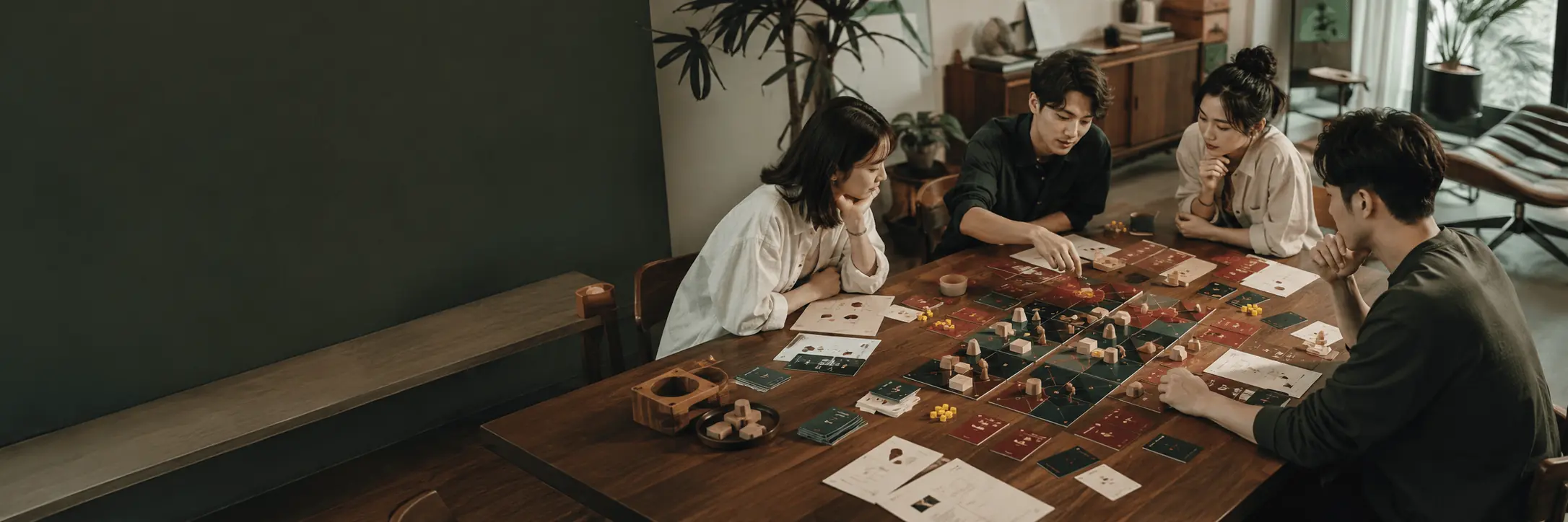 朋友圍坐桌邊討論桌遊策略並共同進行遊戲